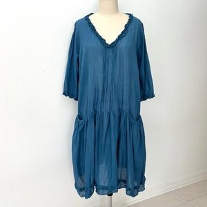 JP And Mattie Dress Blue Cotton Boho Cottagecore Pintucks Ruffles M